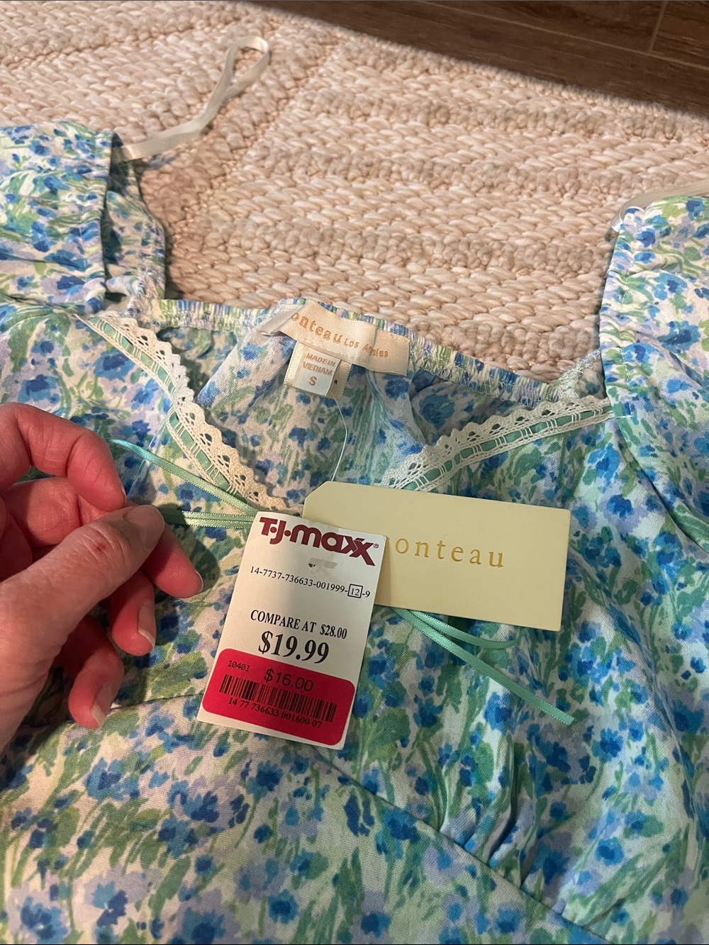 Monteau Blue, Green and White Floral Maxi Dress with Ruffle Sleeves